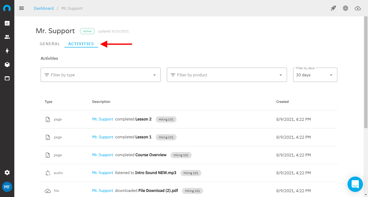 CustomerHub's activity tracking