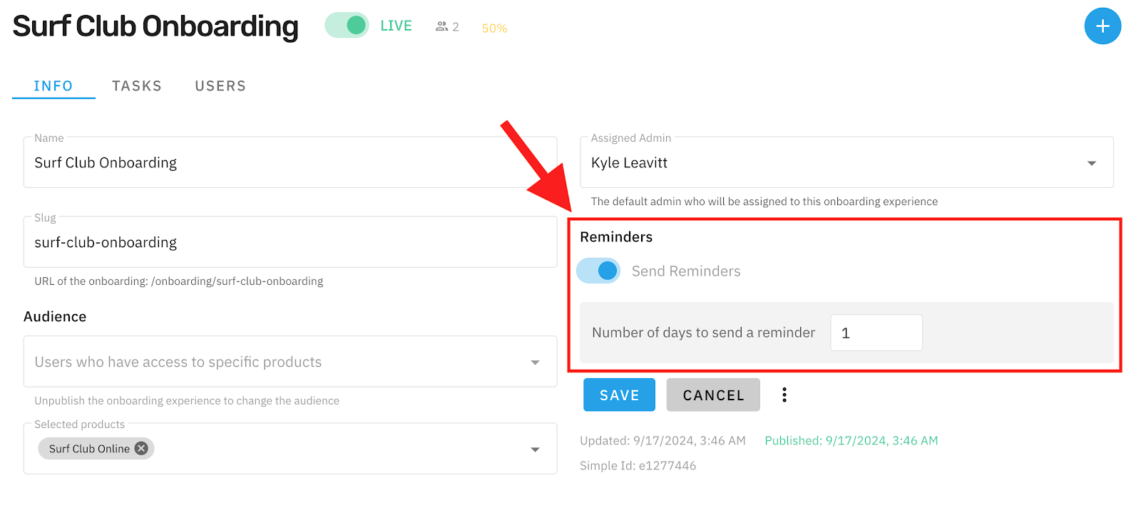 CustomerHub onboarding reminder