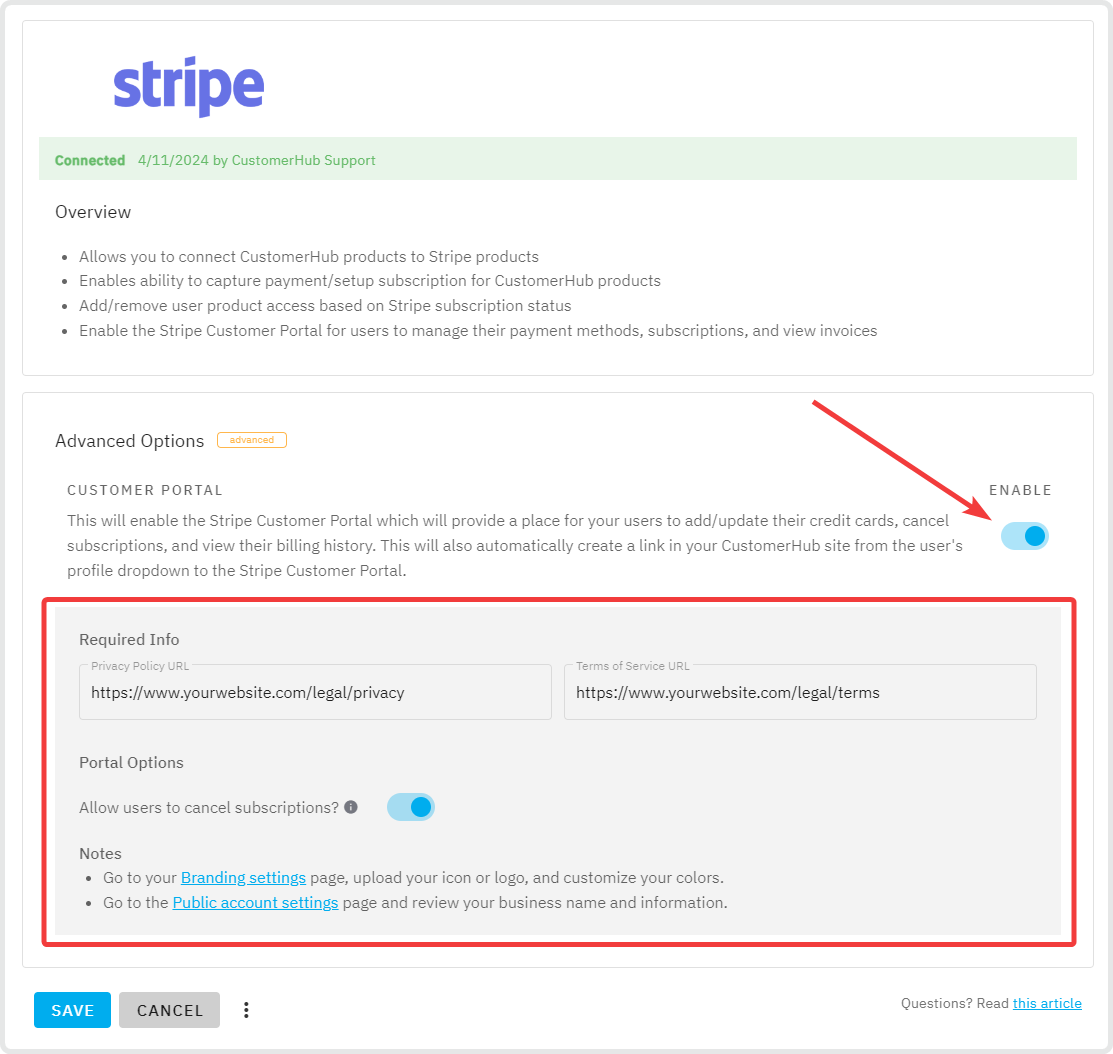 CustomerHub Stripe integration