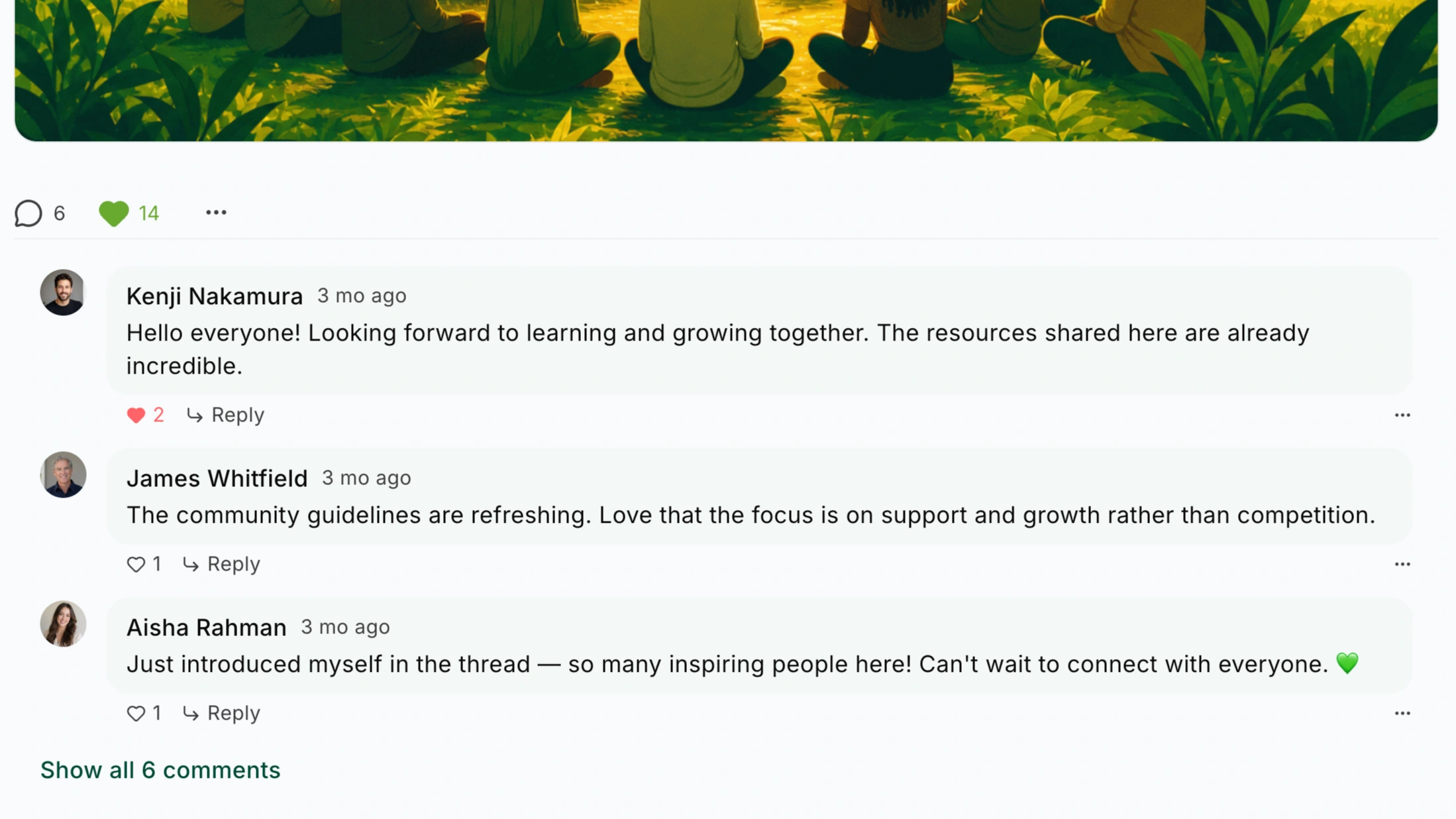 Innerlift community welcome post with reactions and replies from Kenji Nakamura, James Whitfield, and Aisha Rahman.