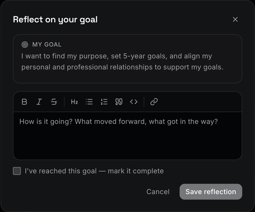 Reflect on your goal dialog with a goal statement, reflection editor, and save action