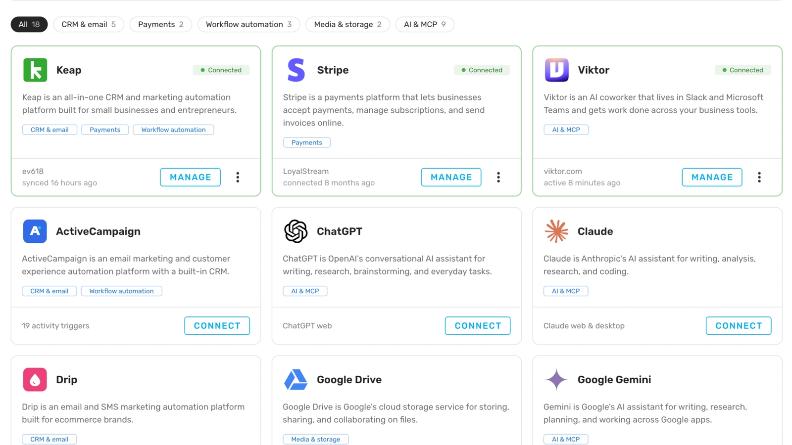 Platform connectors for Keap, Stripe, Viktor, ActiveCampaign, ChatGPT, Claude, Drip, Google Drive, and Google Gemini.