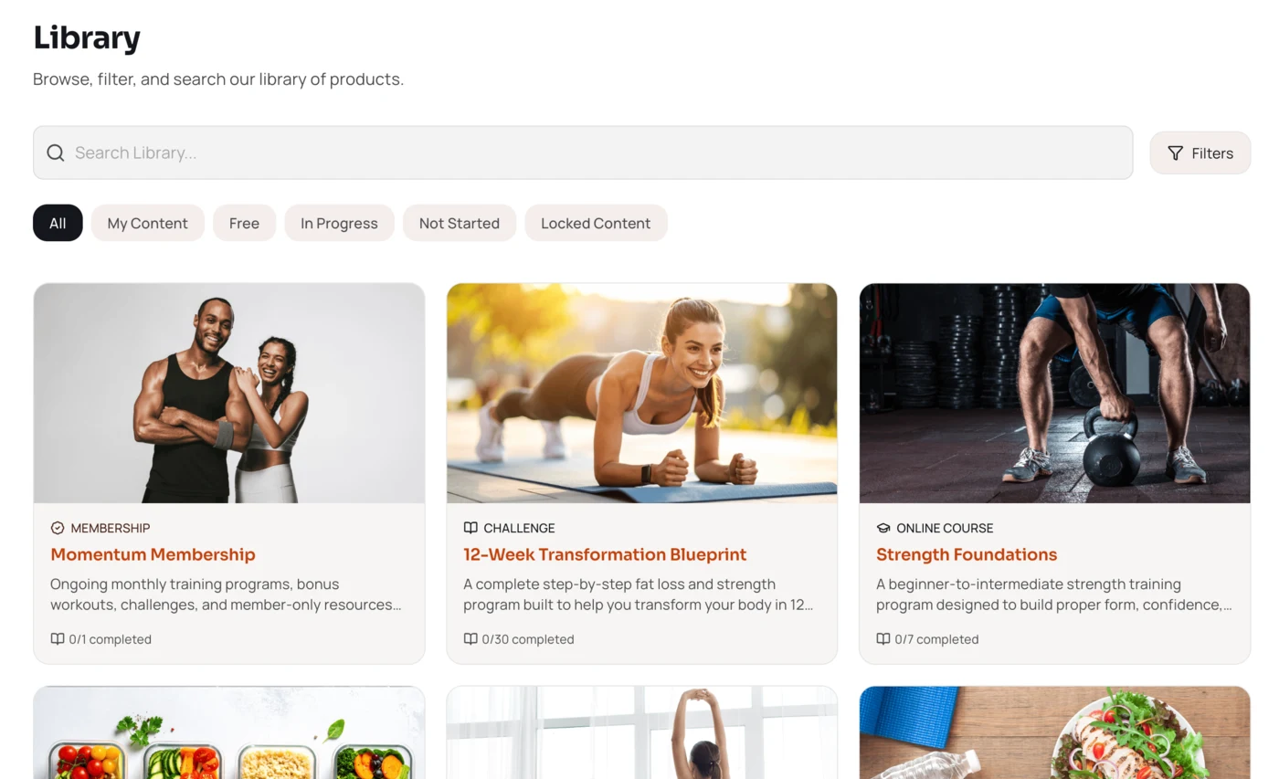 Program library with membership, challenge, and course cards