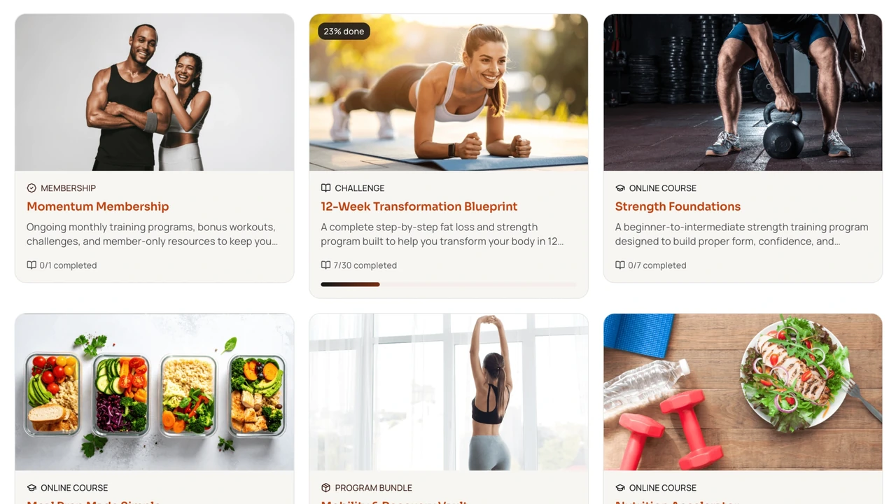 Program library grid showing memberships, challenges, online courses, and bundles